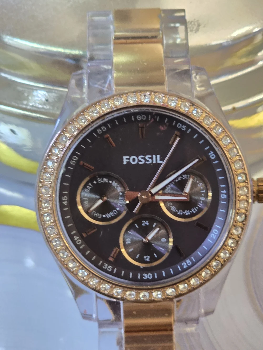 Fossil Crystal-Trim Acrylic Band Watch - Black & Rose Gold Plastic Watch